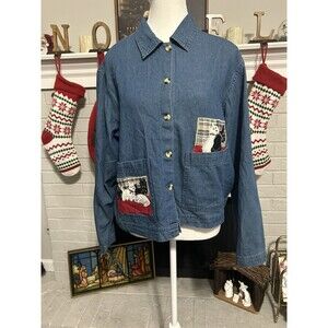 Vtg Take Two 90's Small Womens Christmas Dog Denim Shirt Schnauzers Holidays